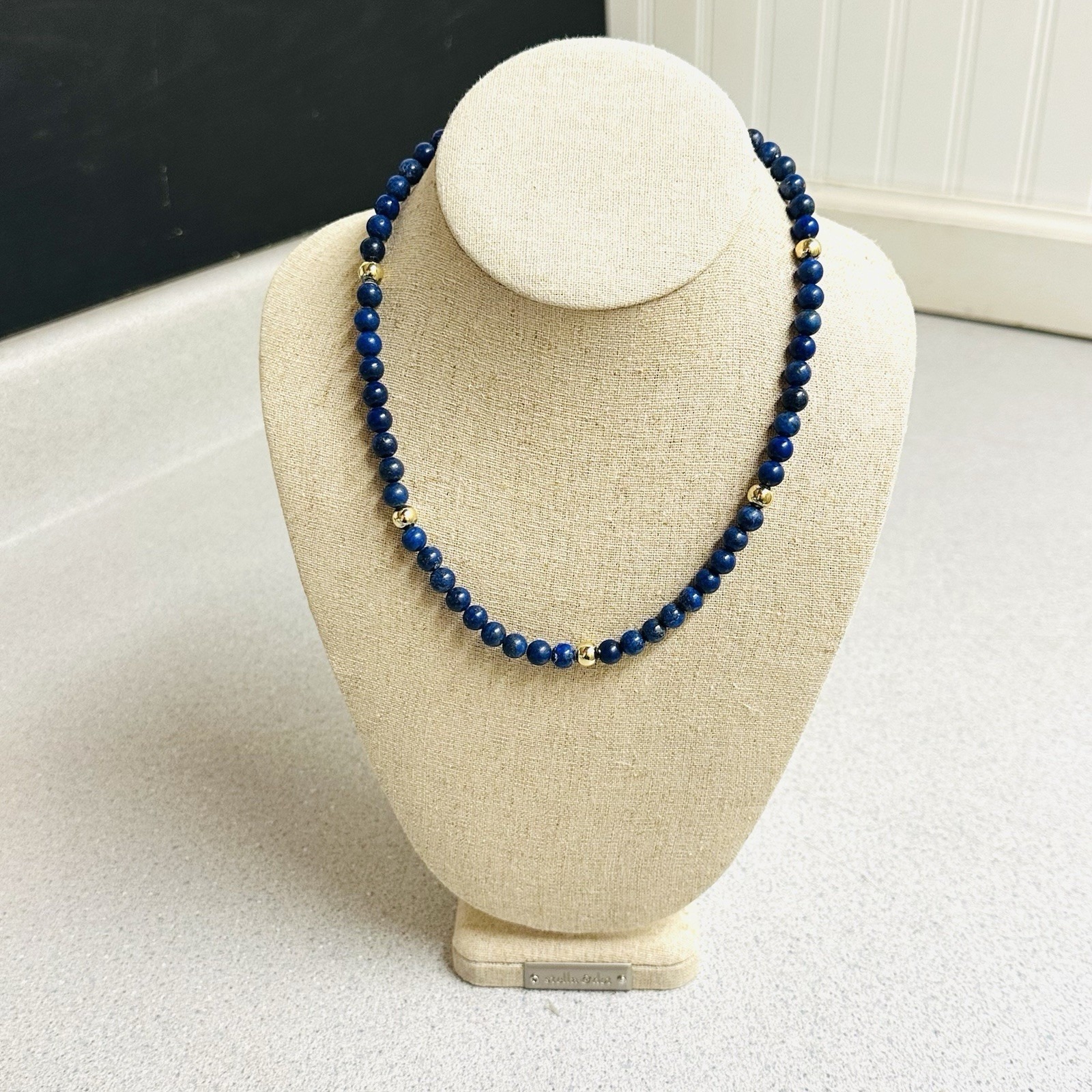 Vintage Canada Sterling Silver 925 Lapis & 14k Plated Beads Necklace 18" L
